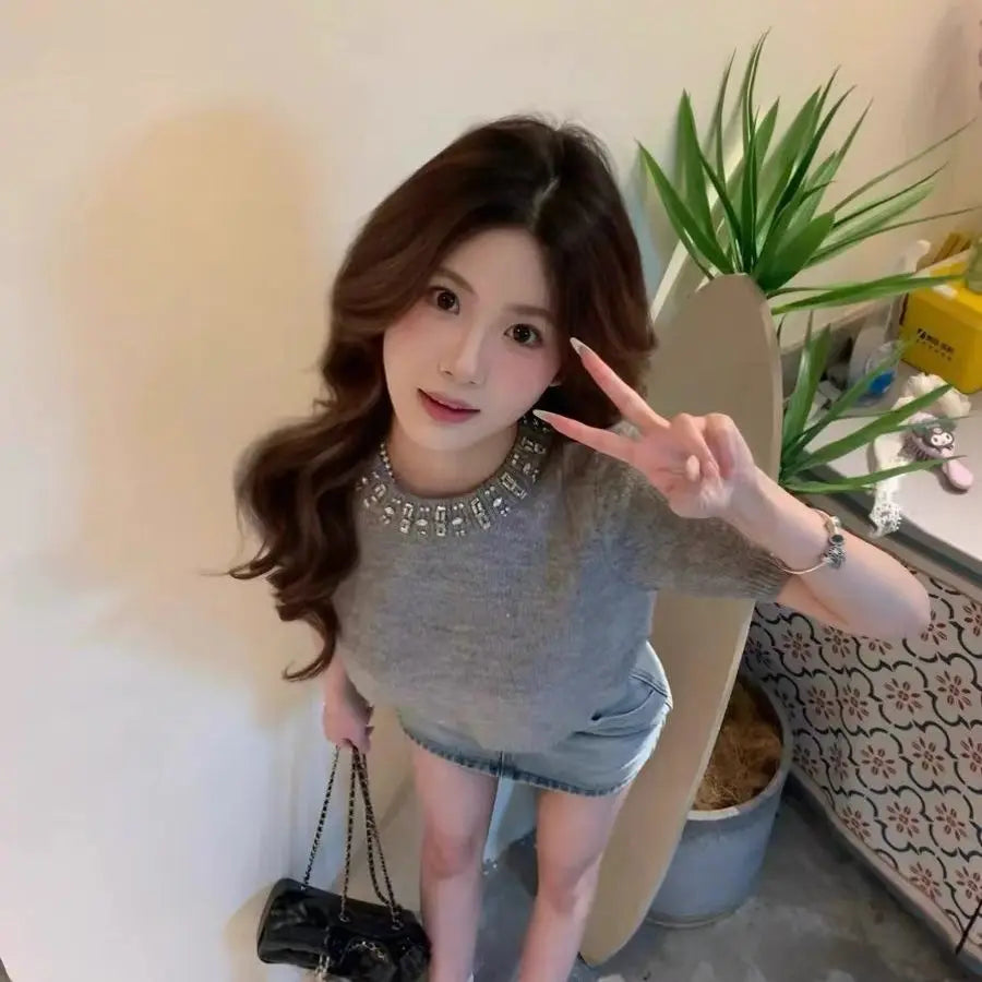 Spring Gray Round Neck Short sleeved T-shirt Women Tops Sweater Summer New Fashion Mohair Knit Pullover Versatile Slim Short Top