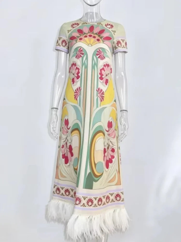 Women Art Floral Print Feather Hem Maxi Dress Crew Neck Short Sleeve Loose Fit Dresses 2026 Summer Fashion Elegant Lady Vestidos