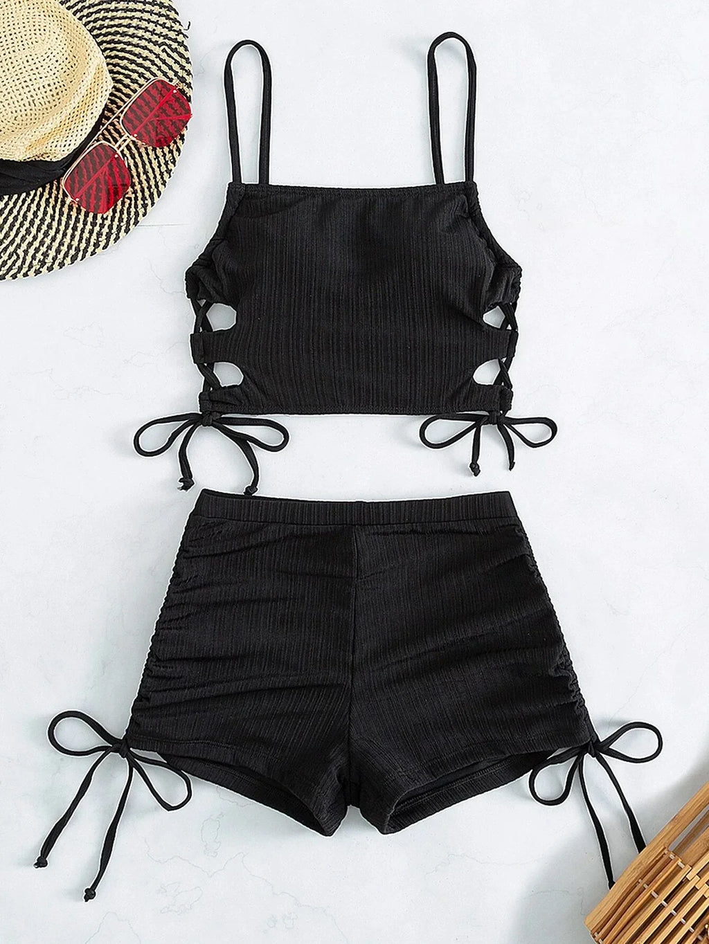 Sexy Bikini 2026 Women White Black Hollow Out Push Up Padded Two Piece Swimsuit Summer Bathing Suit Lace Up High Waist Swimwear
