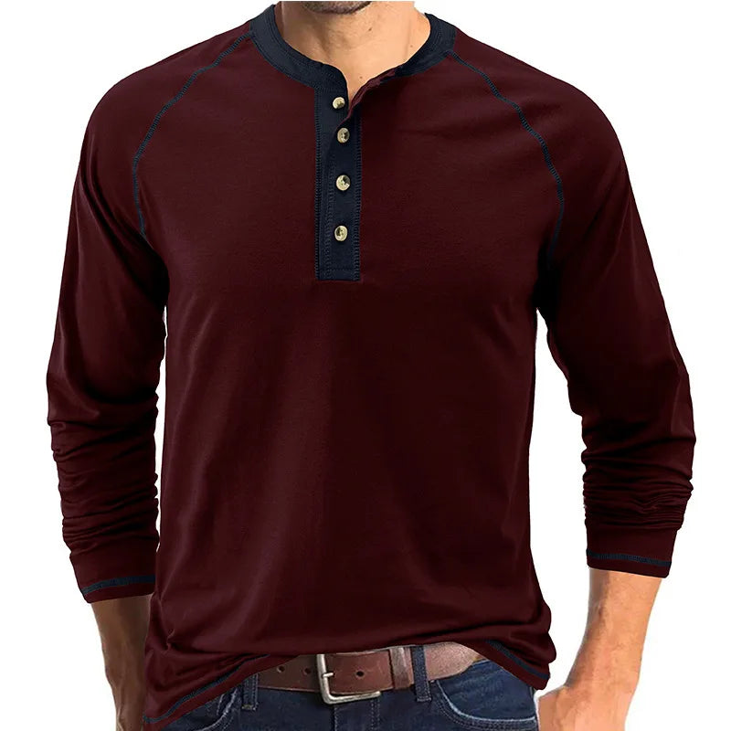 New Men's Long Sleeve Cotton T shirts Men Fashion Henry Collar T shirt Spring Autumn Patchwork Tops Tees Brand Men Clothing 2025