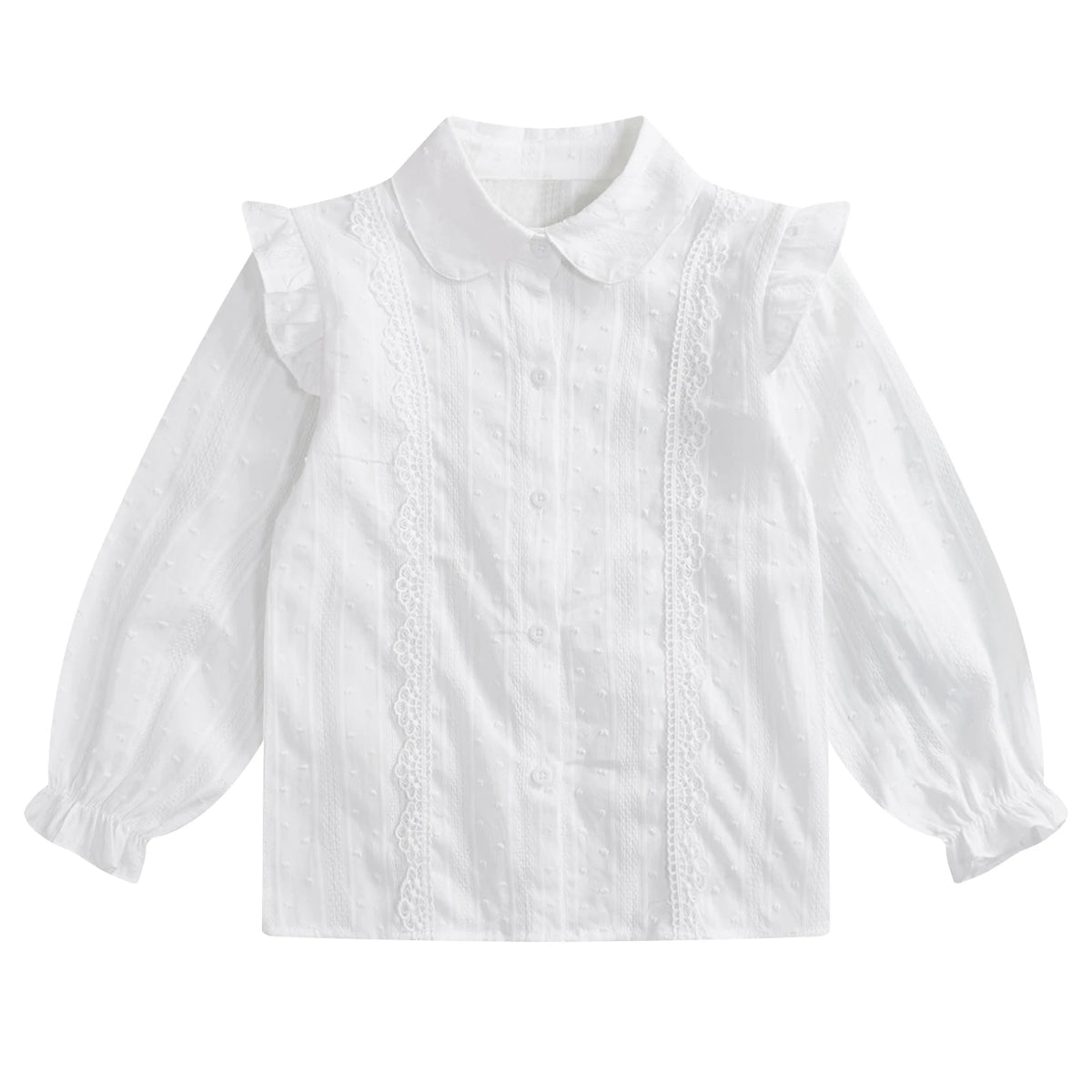 Kids Girls Shirts Spring Autumn Cotton Cute Lace Trim Collar Solid Color Puff Sleeve Bowknot Blouse Tops Casual School Uniform