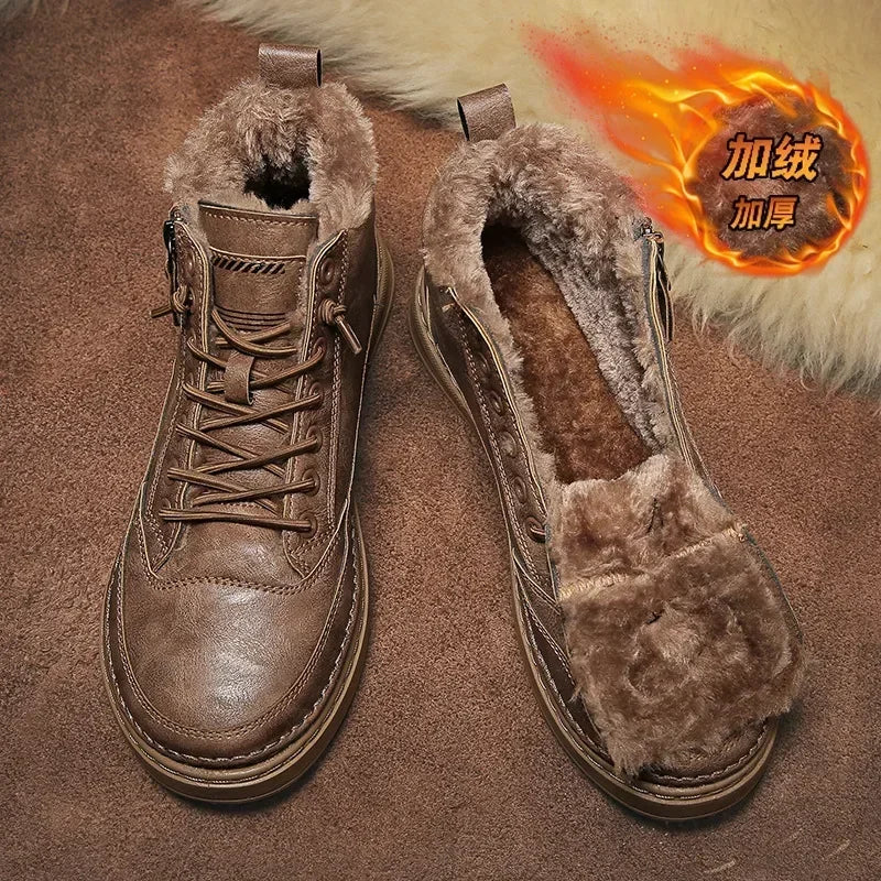 Leather Men's Boots  Platform Warm Fur Ankle Short Lace Up Fashion Novelty Concise Casual Work Shoes Botas 2024