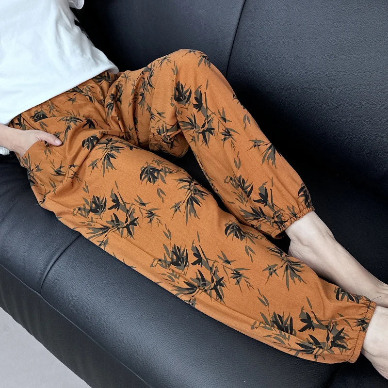 Cool Summer New Silk Cotton Spwear Loose Women's Wide Leg Pants Home Wear Floral Print Heat Resistant Comfortable Casual T...