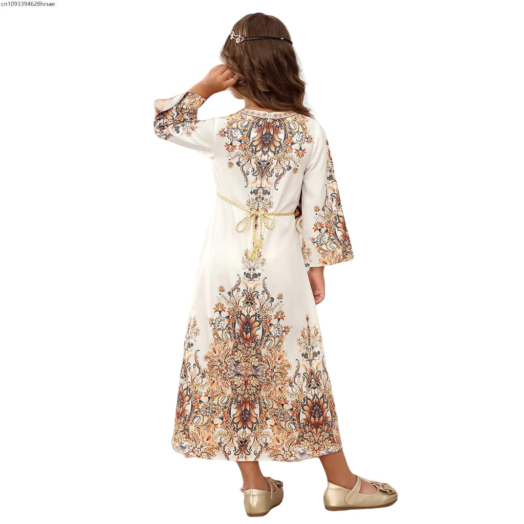 Girl's Arabian Turkish Dubai Robe Girls Long Dresses Gowns Printed Dresses Middle East Fashionable Children Dress