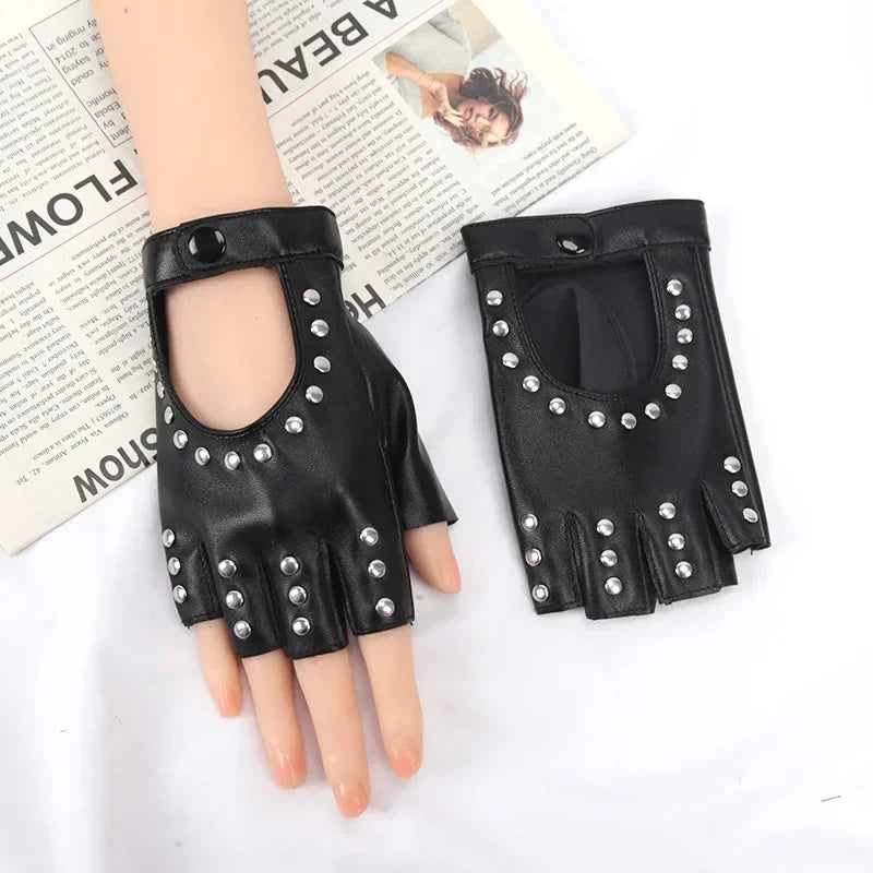 Women Gothic Rivets Finger Less Gloves Wedding Party Breathable Driving Pu Punk Gloves Halloween Night Club Work Cosplay Gloves