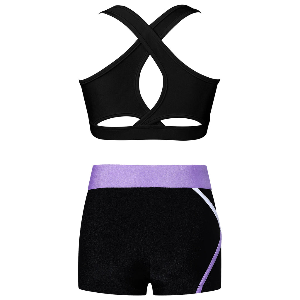Kids Girls Summer Sports Set Sleeveless Cross Rear Crop Top with Low Rise Shorts Gymnastics Yoga Fitness Cycling Dance Outfits