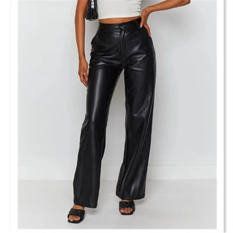 Women PU Leather Pants Solid Color High Waist Straight Trousers High Street Casual Pant
