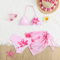Girls Three Piece Bikini Swimsuit Set Floral Print Swimwear with Wrap Skirt for Older Kid and Teens Beach Bathing Suit Beachwear