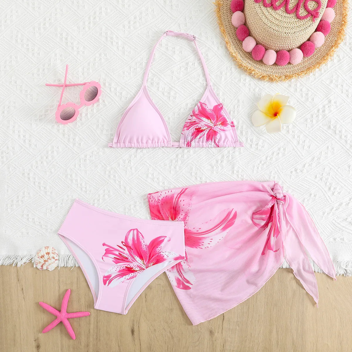 Girls Three Piece Bikini Swimsuit Set Floral Print Swimwear with Wrap Skirt for Older Kid and Teens Beach Bathing Suit Beachwear