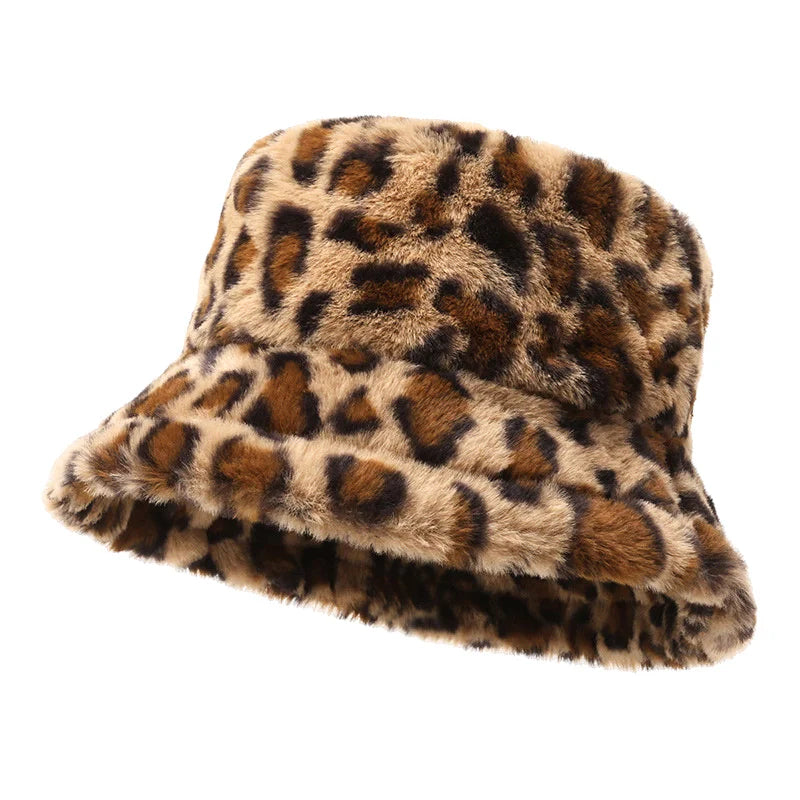 Female Vintage Faux Fur Fisherman Cap Hats For Women Dropshipping Winter Bucket Hat Women's Fashion Leopard Panama Warm Hats