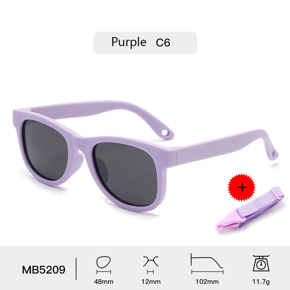 Children's Sunglasses for Boys Girls Bendable Flexible Polarized Sunglasses with Strap Square Silicone Frame Sunshade Glasses