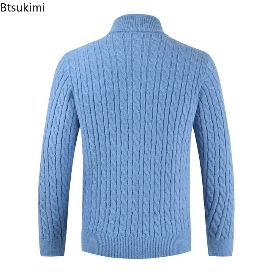 New Men's Warm Knitted Sweaters Standing Neck Zipper Autumn Winter Warm Tops Solid Color Jacquard Long Sleeve Pullovers for Men