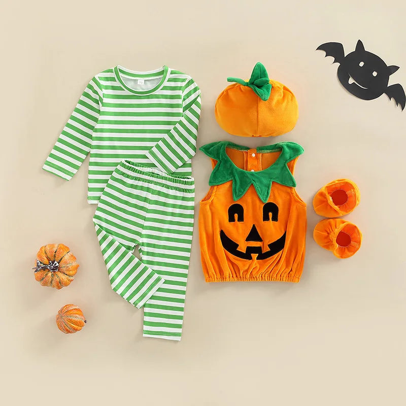 Kids Pants Suit Long Sleeve Halloween Pumpkin Print Loose Tops Fall Casual Pants Hat Sleeves