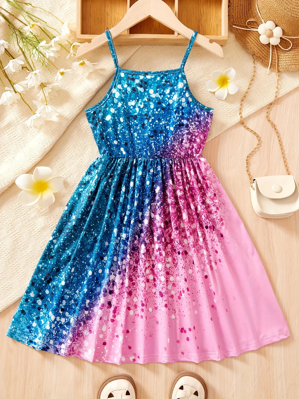 Children's Clothing for Girls: Sparkling All-Over Print Dress, Fashionable Strap Dress for Girls Aged 1-8, Dazzling Strap Dress
