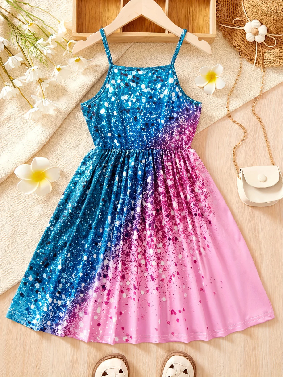 Children's Clothing for Girls: Sparkling All-Over Print Dress, Fashionable Strap Dress for Girls Aged 1-8, Dazzling Strap Dress