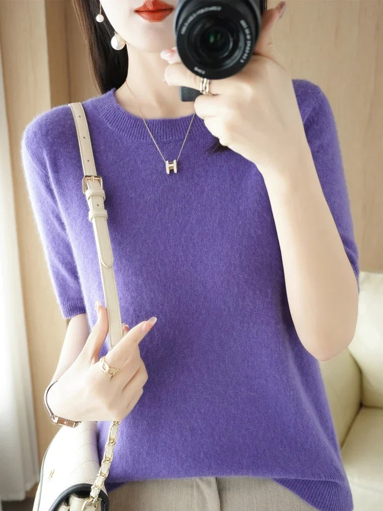 Spring Summer Women Sweaters Short Sleeves O-neck Bottoming Shirts Knitwear 2024 Summer Knit Tops Pullovers Korean Jumpers