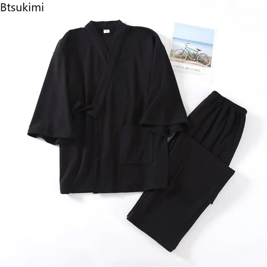 Men's Traditional Japanese Pajamas Sets Fashion Two-sided Plush Thicker Warm Housewear Men Kimono Tops and Pants Nightgown Suit