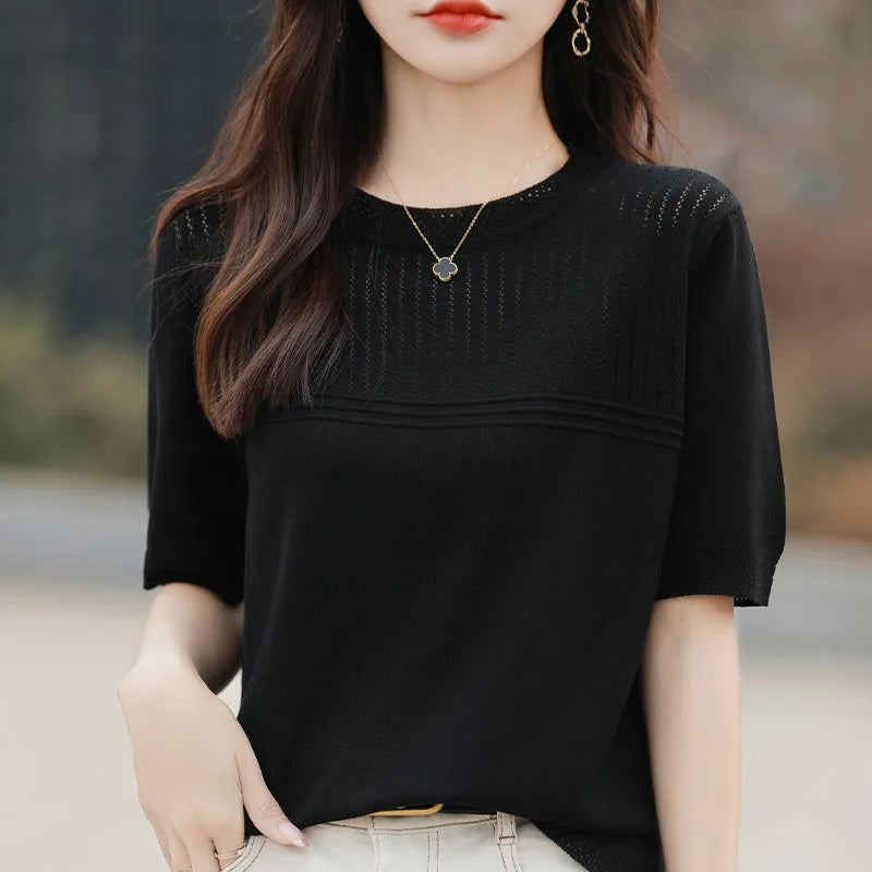 Summer New Round Neck Women's Ice Silk Sweater Temperament Joker Loose Slim Short Sleeve Age-Reducing Fashion Sweater