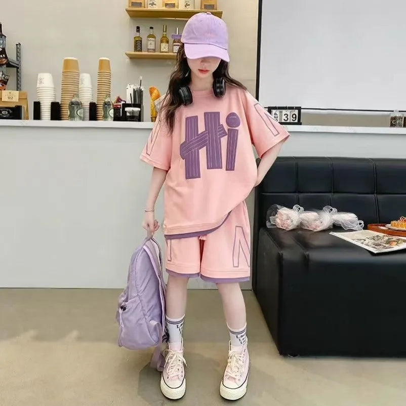 Girls T-Shirts Sets Clothes Kids Short Sleeve Tops+Shorts 2Pcs Children Clothes Suits Teen Loose Casual 2025 Outfits 5-14 Years