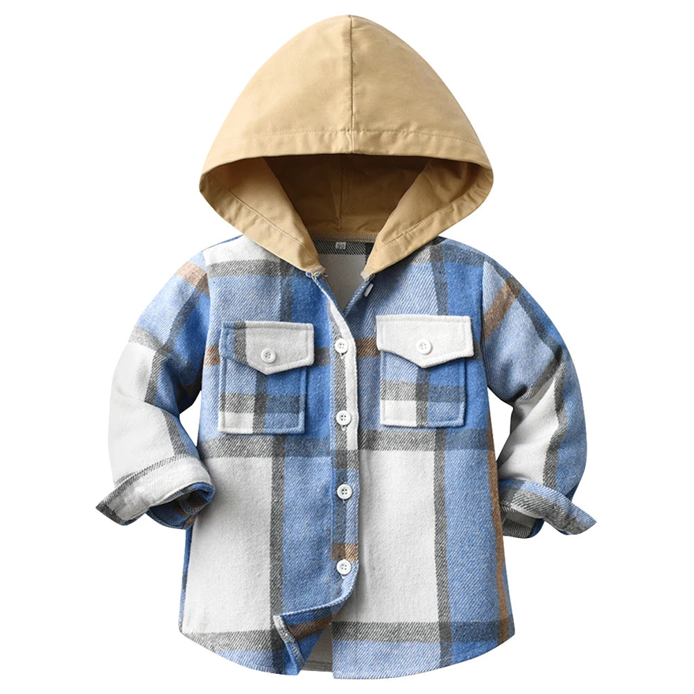 Hoodie Boys Plaid Shirt,Long Sleeve Kids Transition Jacket,Checkered Single Breasted Blouse,Spring Outerwear,Girls Lattice Tops