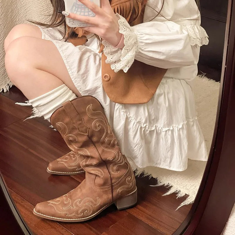 Embroidered Western Cowboy Boots for Women Autumn Pointed Toe Thick Heel High Knee Boots Woman Loose PU Leather Long Botas Mujer