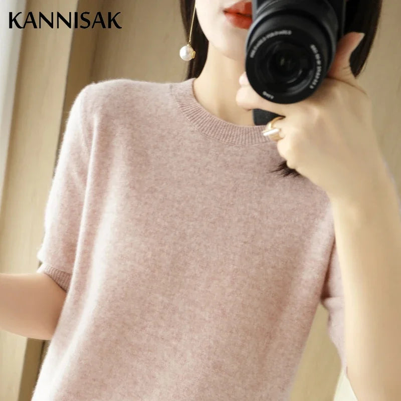 2025 Spring Summer Womens Sweater Short Sleeve O-neck Slim Fit Knitted Pullovers Bottoming Casual Knitwear Camel Pink Clothes
