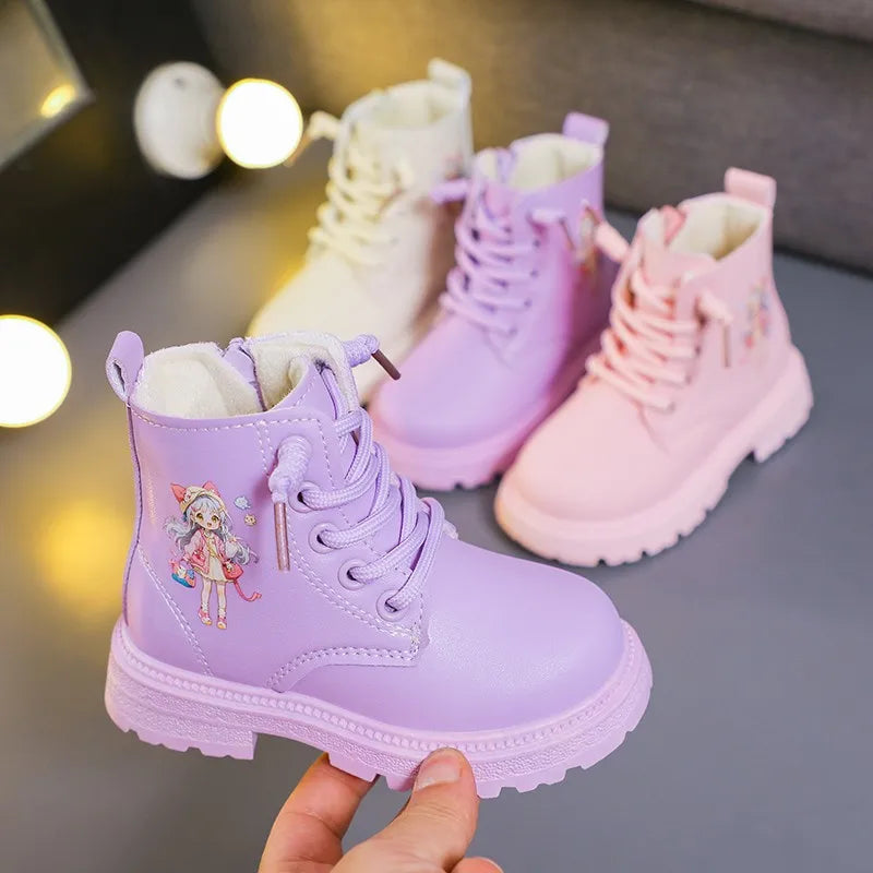 Girls Boots Kids Fashion Rubber Boots Cool Girl Autumn and Winter Cotton Soft Sole Pink with Cartoon Side Zip Princess Round-toe