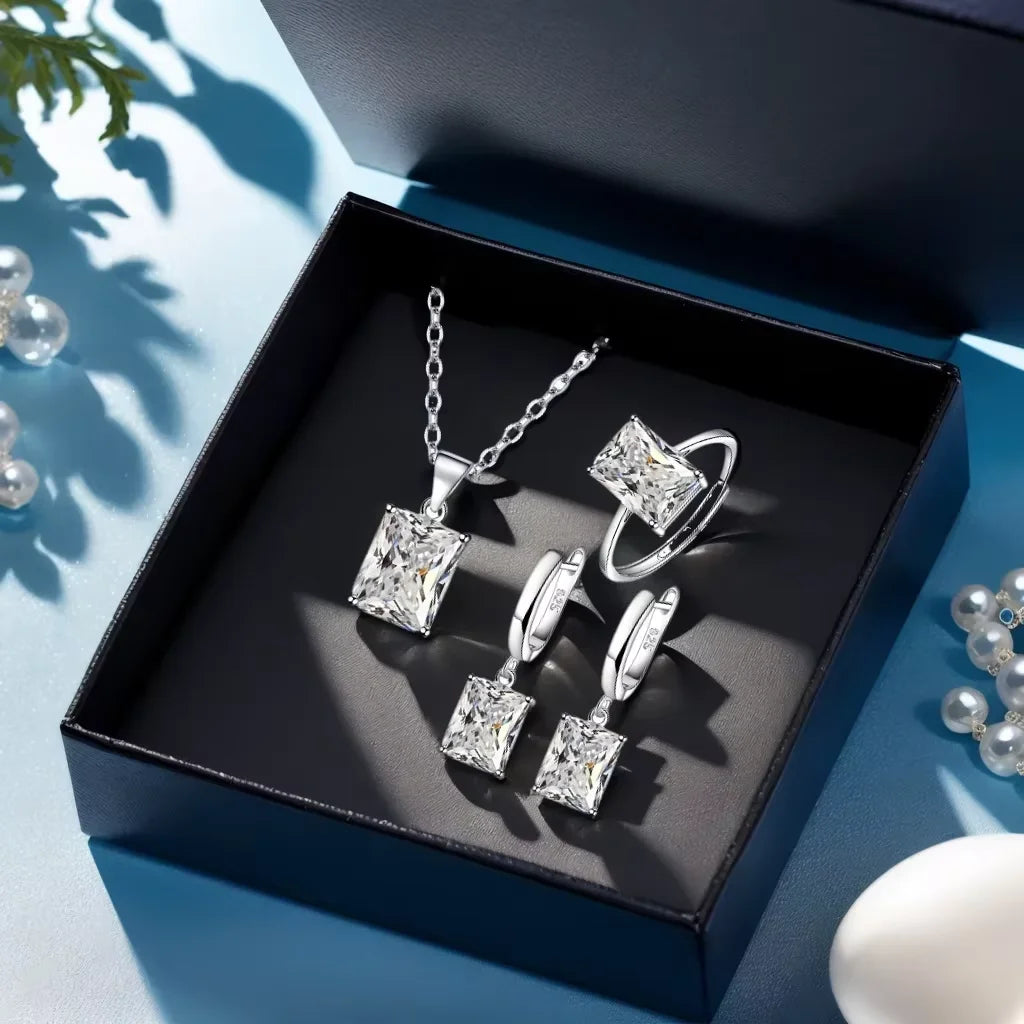 925 Sterling Silver  Elegant Jewelry Sets Ring Earrings Necklace For Women Rectangle Geometry Zircon Wedding Accessories