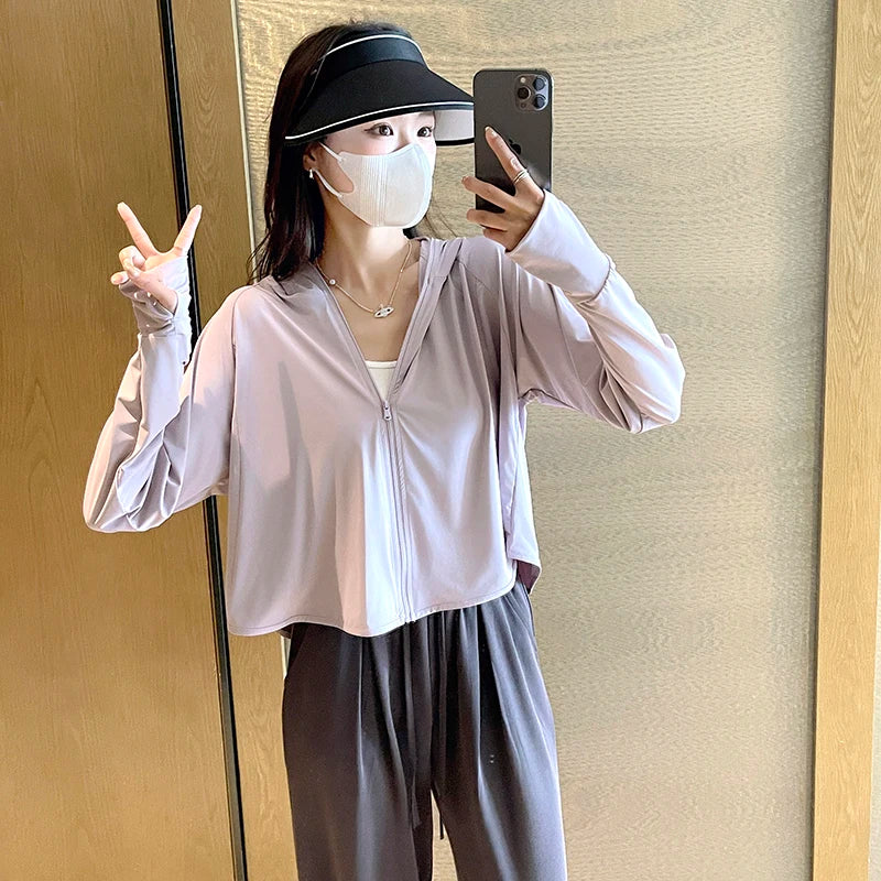 Full Coverage UPF 40+ Sun Protection Jacket Women Summer Breathable UV Protection Hooded Jacket Woman Loose Cropped Cardigan Top