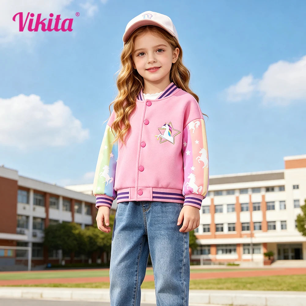 Girls Unicorn Star Rainbow Print Pink Jackets Kids Gradient Button Casual Coat Girls Spring Autumn Baseball Jersey Outerwear