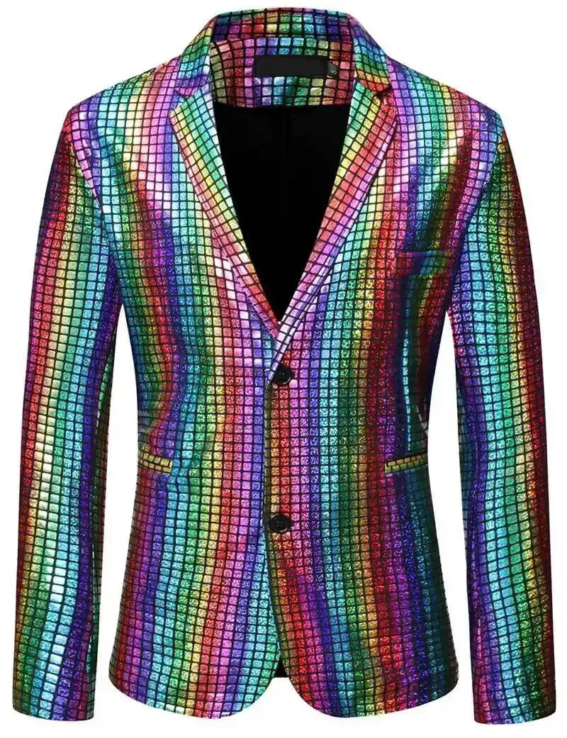 Shiny Mens Stage Prom Suits Rainbow Plaid Sequin Jacket Pants Men Dance Festival Christmas Halloween Party Costume Homme