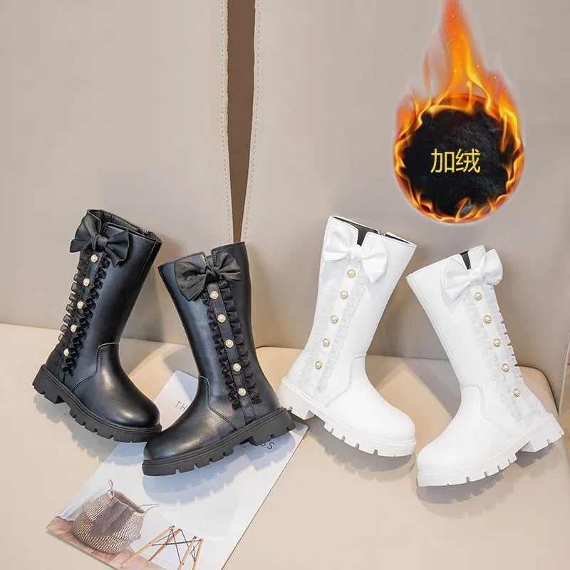 Autumn Winter Girls Boots Bow Lace Princess Shoes Outdoor Non-slip Child High Top Boots Windproof Waterproof Kids Casual Shoes