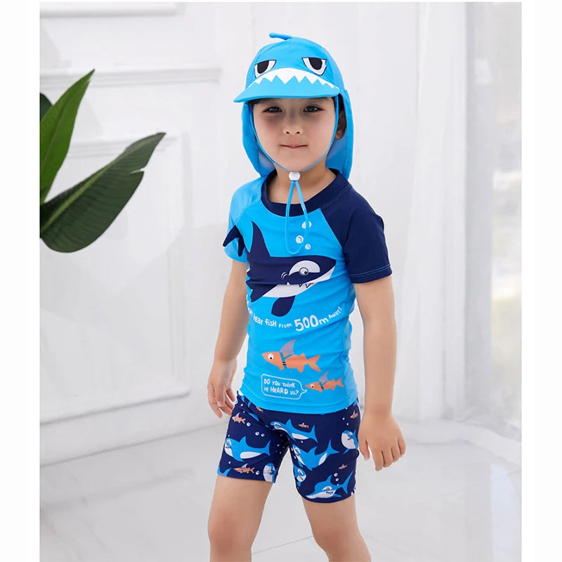 1-7Y Kids Boys Two-Piece Swimsuit Swimwear Toddler Bathing Suit Beachwear Shark Style Top Boyshort 3D Sunhat 3pcs/set Blue