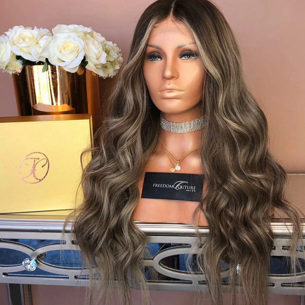 Synthetic Hair Wig Middle Part Curly Wig Brown with Blonde Natural Hair Long Daily Use Wigs for Women