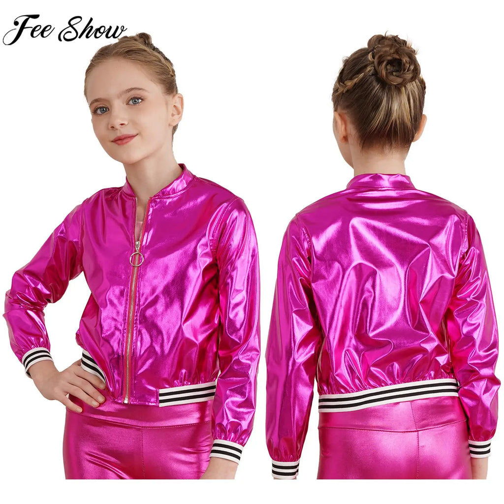 Kids Girls Hip-hop Jazz Street Dance Coat Long Sleeve Shiny Bronzing Cloth Baseball Jacket Bomber Outerwear Streetwear Dancewear