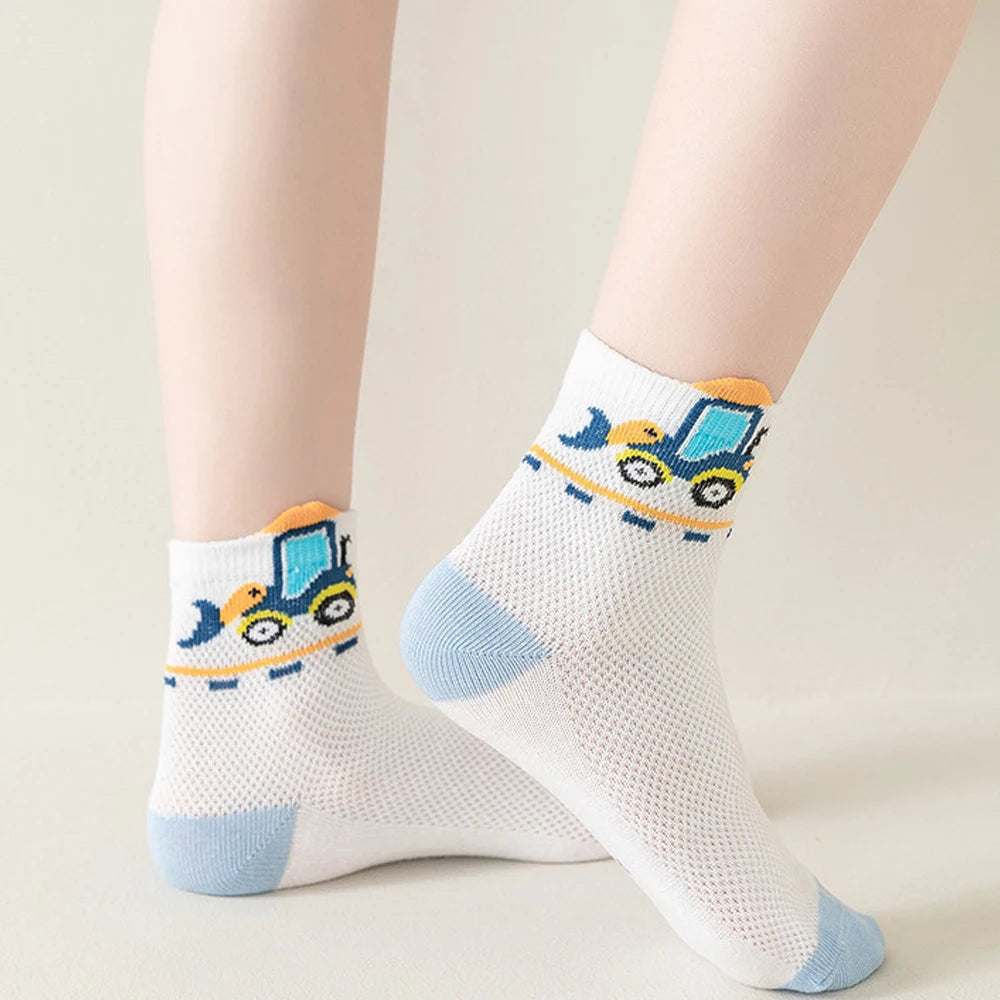 5 pairs of men's children's socks, cartoon construction vehicle mesh breathable short socks, kids' socks