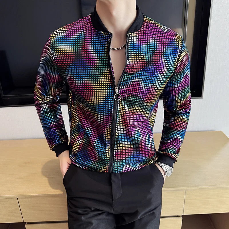 Y2K Mens Jacke Designer Clothes Fashion Cool Sequined Jackets Men Streetwear Night Club Stage Thin Bomber Jacket Techwear Homme