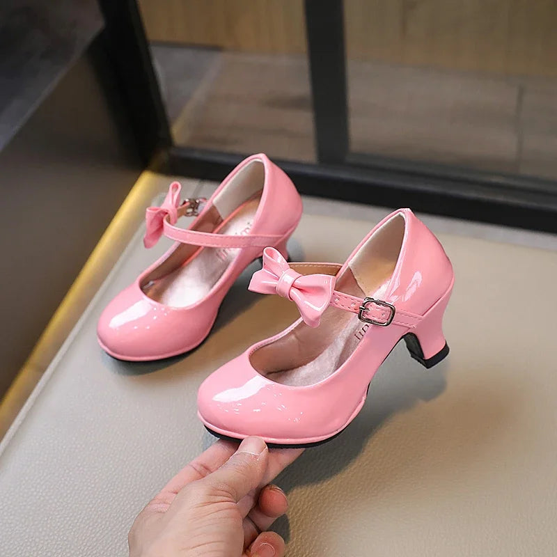 Fashion Girls High Heels Glossy Bowtie Kids Leather Shoe Spring Autumn Children Causal Princess Dress Shoes for Evening Party
