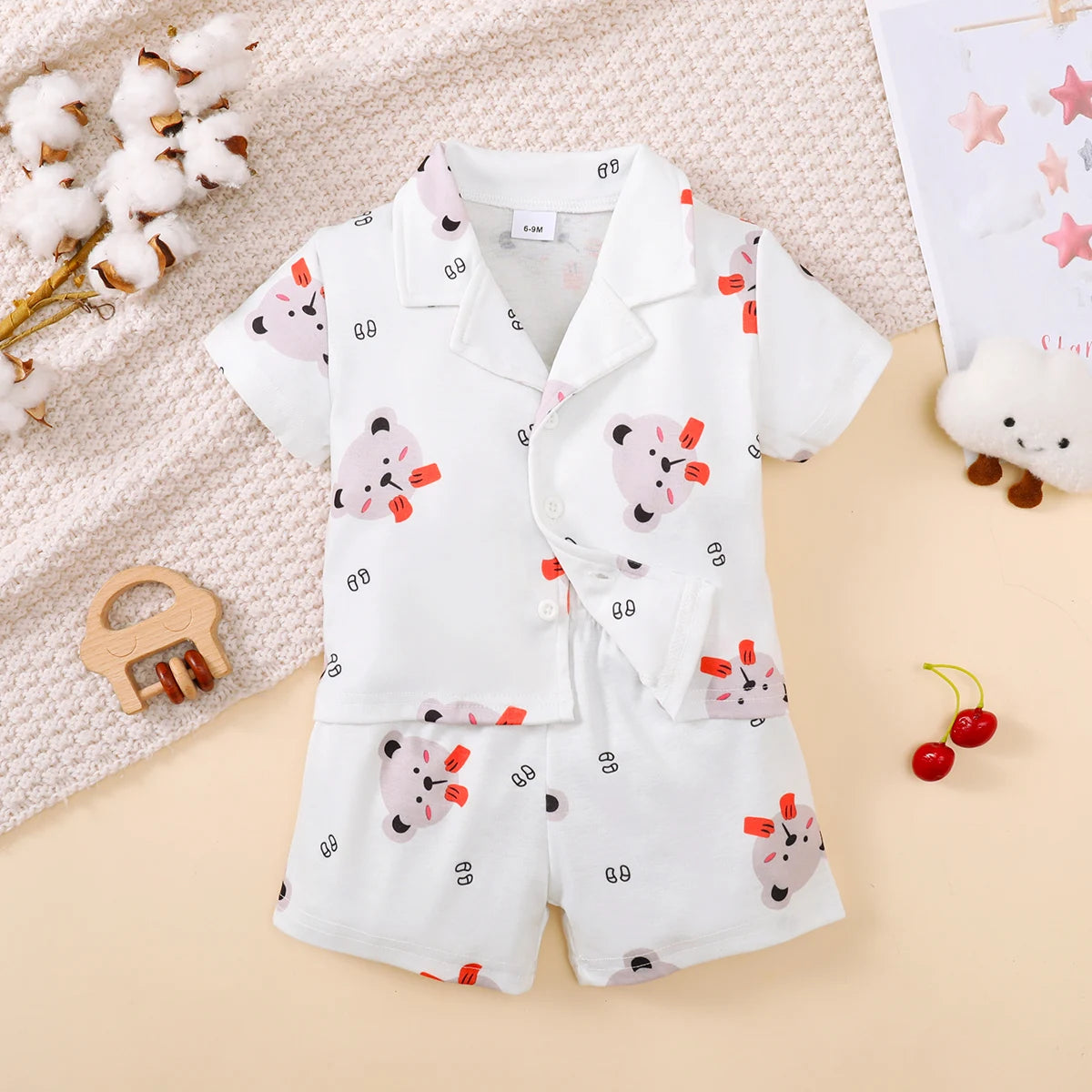 Children's Girls' Cartoon Pajamas Teddy Bear Strawberry print Short sleeved+Shorts 2Pcs/Set 0-3 Years old Cute Baby Girl Pajamas