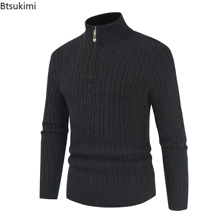 New Men's Warm Knitted Sweaters Standing Neck Zipper Autumn Winter Warm Tops Solid Color Jacquard Long Sleeve Pullovers for Men