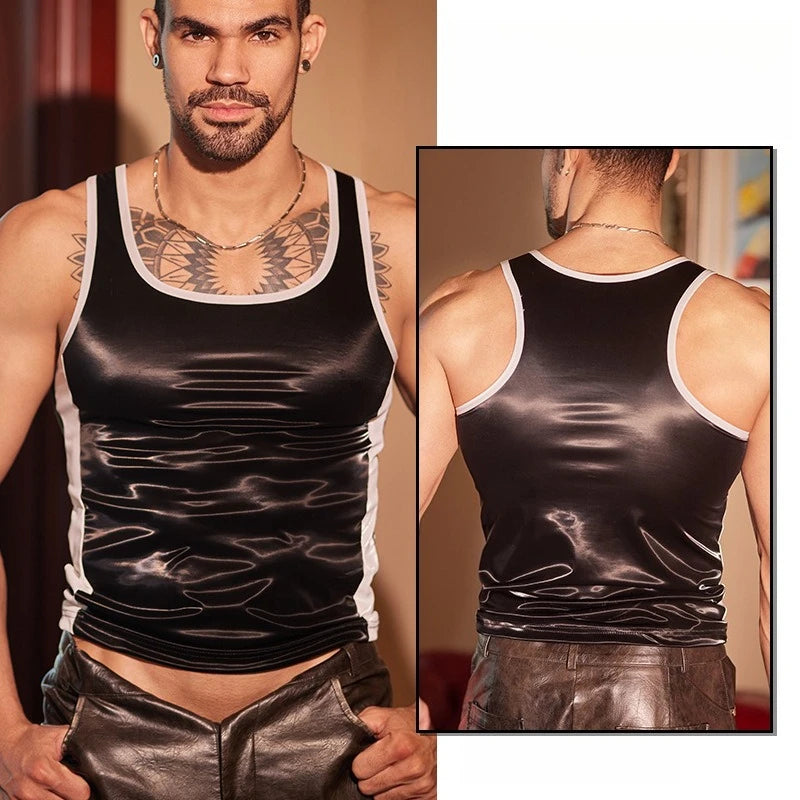 Men's Sports Vest Oil Shiny Glossy Sexy Tights Fitness Muscle Leather Top Underwear Ultra Elastic Oil Glossy Blouse Undershirt