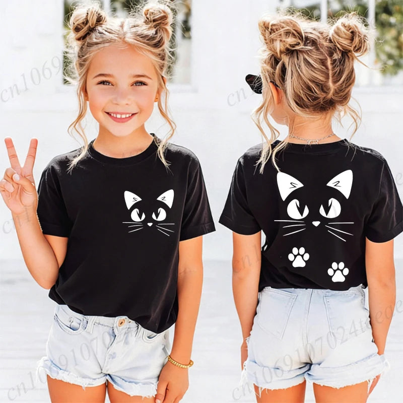 Summer Girls T-shirts Clothes Kid Girls Tshirts Casual Clothes Kwaii Cat Anime Print Cotton T-shirts Anime Children Fashion Tops