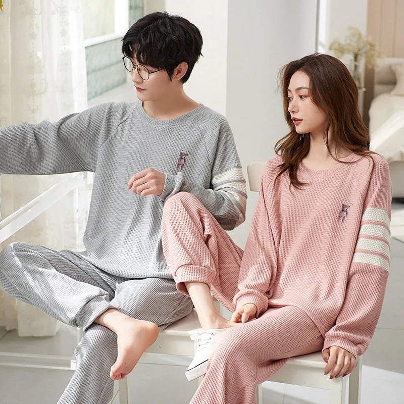 Cartoon Cute Pajamas Set For Women Men Cotton Couples Homewear Autumn Spring Long Sleep Tops Pant Nightwear Mujer hombre