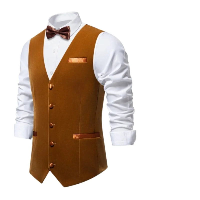 Royal Blue High-end British-Style Flat Velvet Suit Vest for Men,Fashion Casual Slim-Fit Men's Waistcoat with Bow Tie, Euro Size