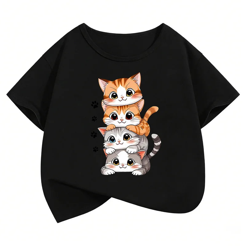 2026 Cat Kids Tshirts Summer Short Sleeve Tees Cartoon Animal Boys Girls Clothes Kawaii Kitten Tops Y2K Children T-shirt