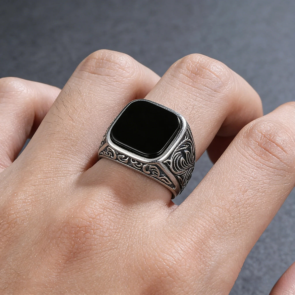 Men‘s Black Onyx Ring, 12x14mm Square Gem Carved Vintage Sterling Silver Band, Bold Gothic Statement Jewelry Gift for Him