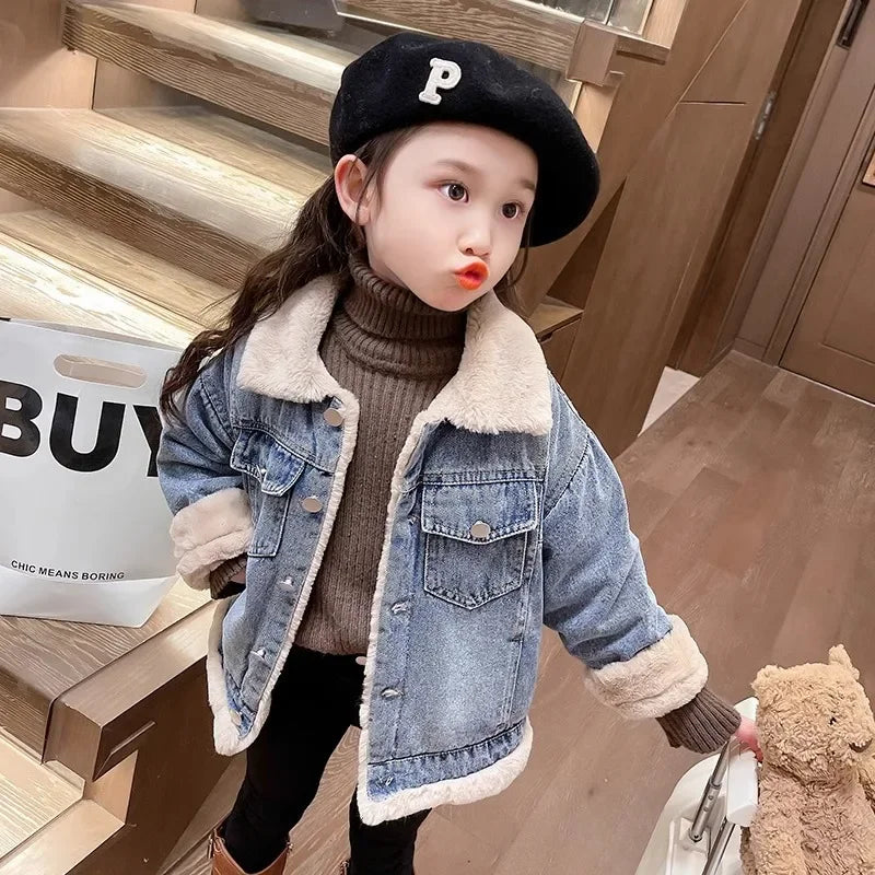 Girls Thick Denim Jackets Children's Plus Velvet Winter Warm Coats New Padded Outerwear Kids Fleece-lined Casual Clothing 4-12Y