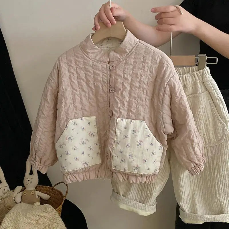 Children's Clothing Double-sided Jacket Autumn and Winter New Baby Pink and White Spliced Stand Up Collar Cotton Jacket Set