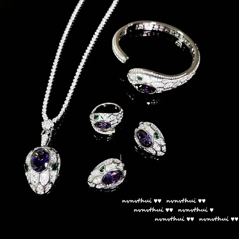 Women's New Fashion 925 Sterling Silver Jewelry Sets for Women Silver Color Luxury Zircon Snakce Necklace/Ring/Earring/Bangle