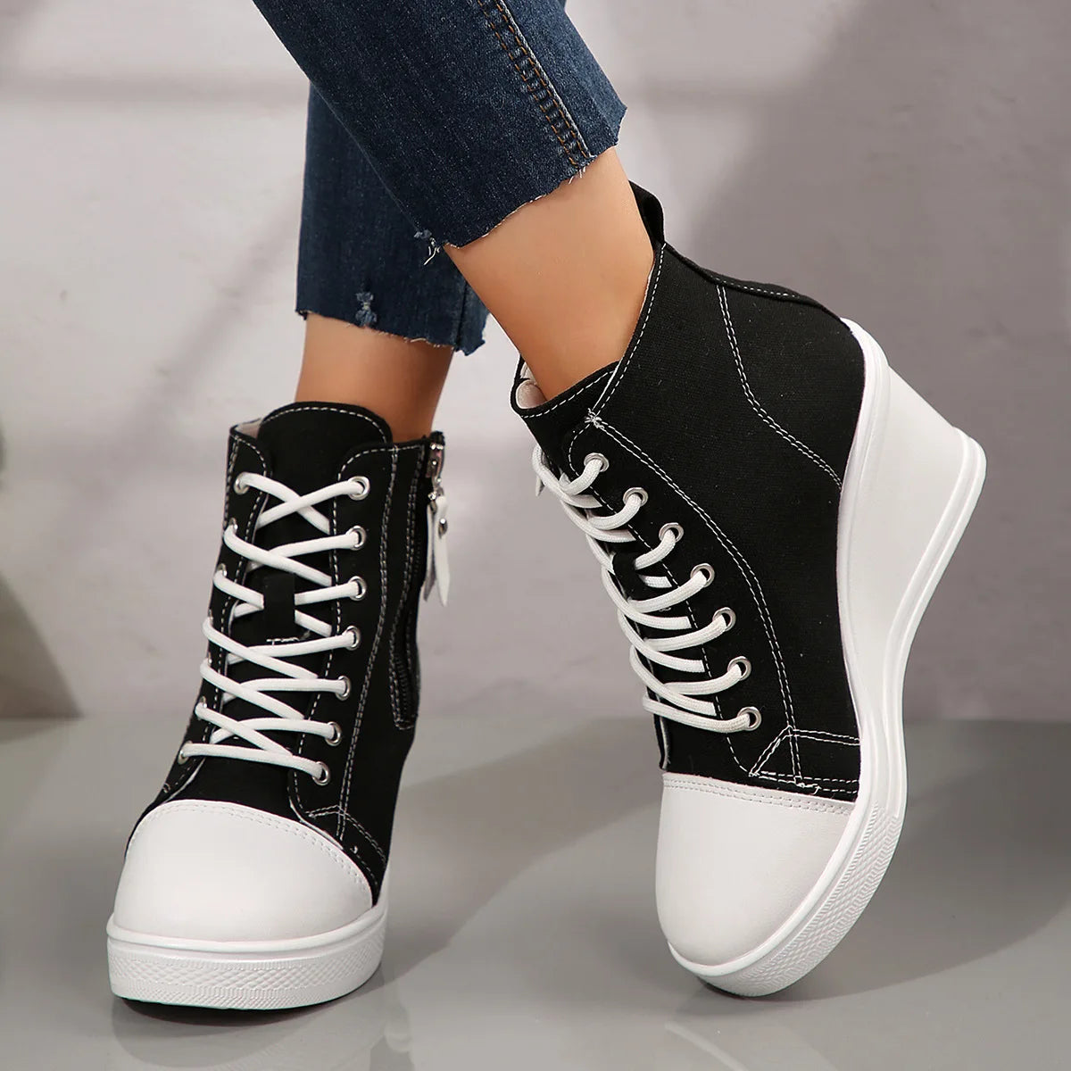 women's sneakers new invisible wedge heels zip lace up classic canvas shoe Platform fashion lightweight high top shoes for women